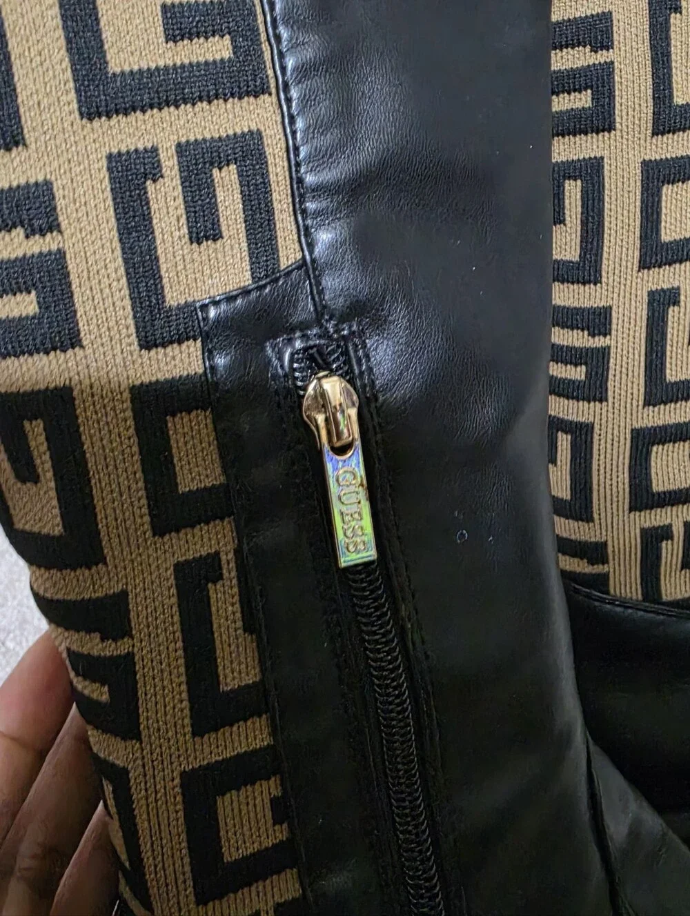 Guess Over the Knee Boots Black Tan Monogram Logo Size 9.5